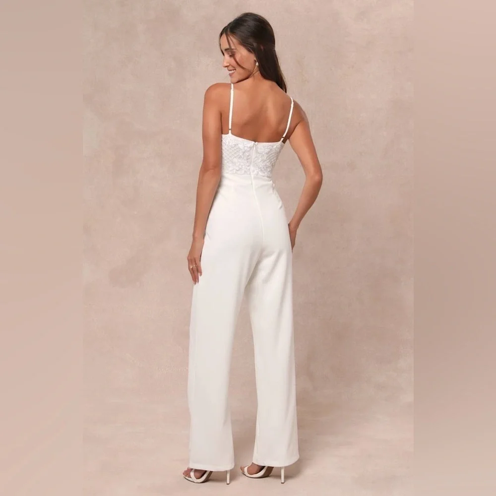 LULU’S Memorable Occasion White Beaded Sequin Wide-Leg Jumpsuit